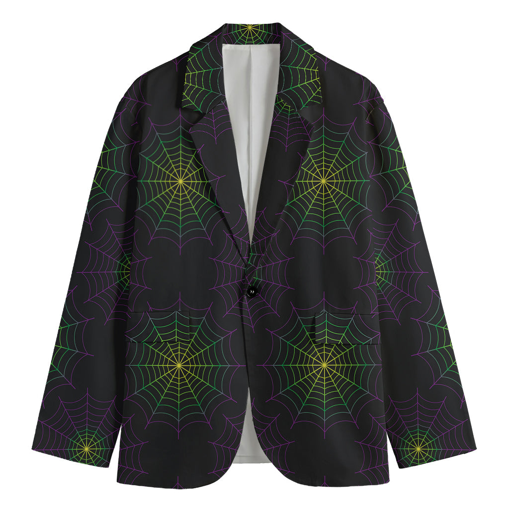 Purple And Green Spider Web Print Men's Cotton Blazer