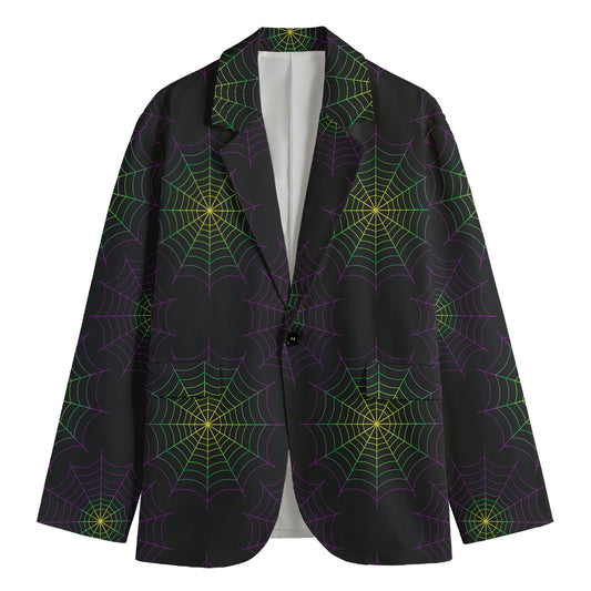 Purple And Green Spider Web Print Men's Cotton Blazer