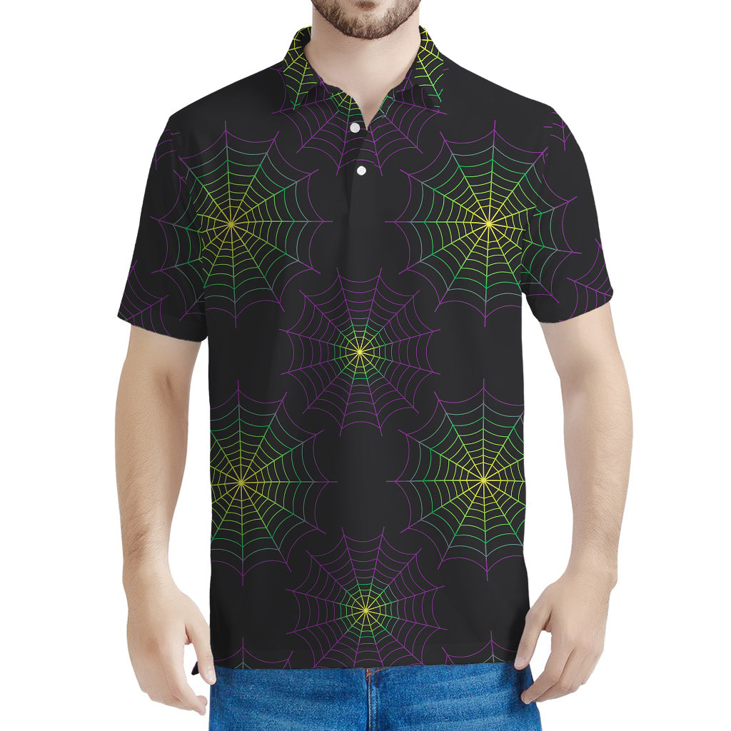 Purple And Green Spider Web Print Men's Polo Shirt