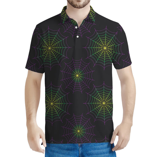 Purple And Green Spider Web Print Men's Polo Shirt