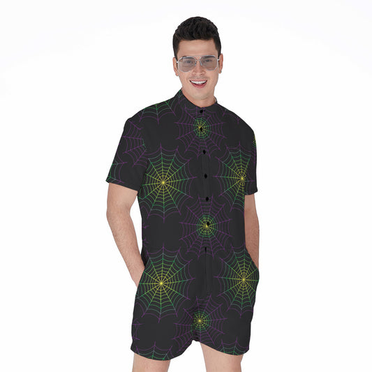Purple And Green Spider Web Print Men's Rompers
