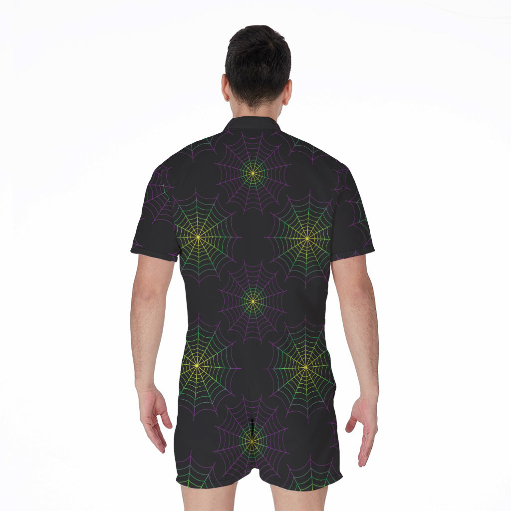 Purple And Green Spider Web Print Men's Rompers