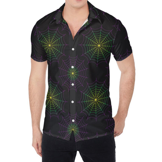 Purple And Green Spider Web Print Men's Shirt