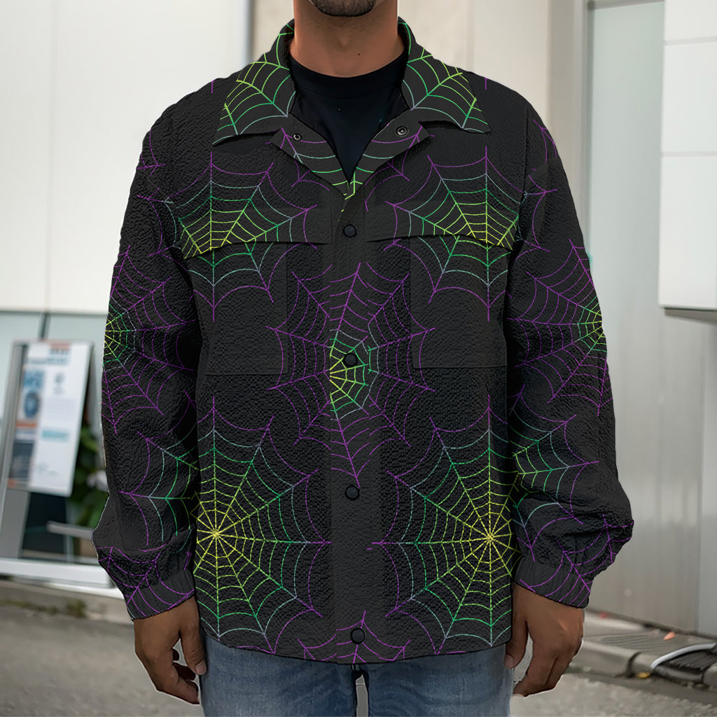 Purple And Green Spider Web Print Men's Shirt Jacket
