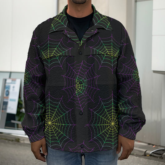 Purple And Green Spider Web Print Men's Shirt Jacket