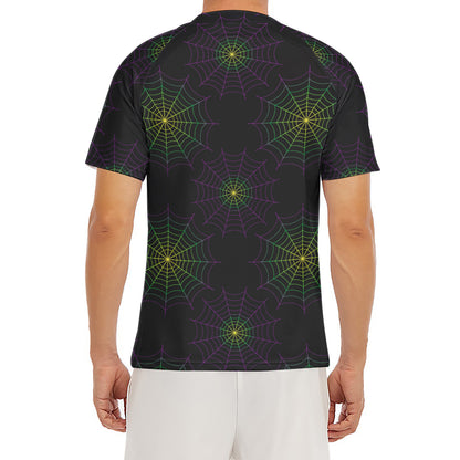 Purple And Green Spider Web Print Men's Short Sleeve Rash Guard