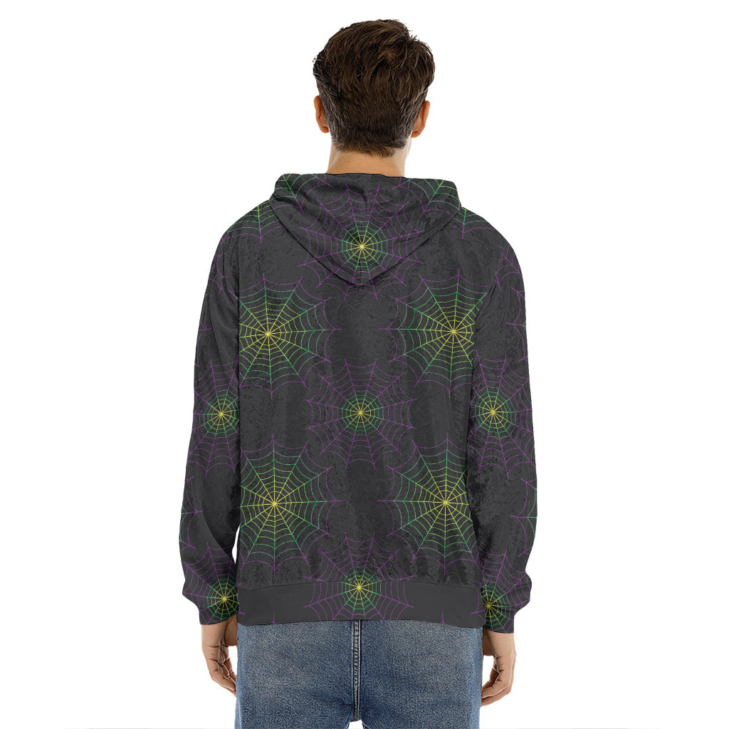 Purple And Green Spider Web Print Men's Velvet Pullover Hoodie