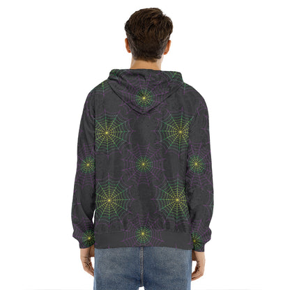 Purple And Green Spider Web Print Men's Velvet Pullover Hoodie