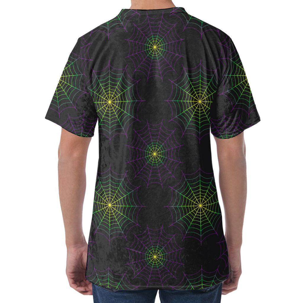 Purple And Green Spider Web Print Men's Velvet T-Shirt