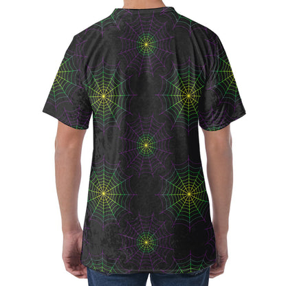 Purple And Green Spider Web Print Men's Velvet T-Shirt