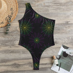 Purple And Green Spider Web Print One Shoulder Bodysuit