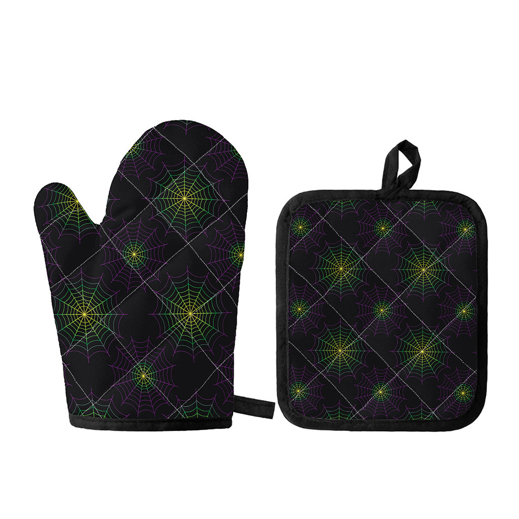 Purple And Green Spider Web Print Oven Mitt And Pot Holder Set