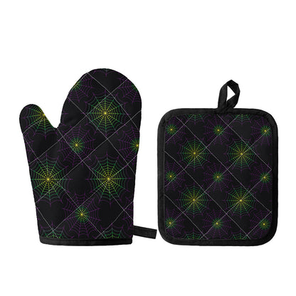 Purple And Green Spider Web Print Oven Mitt And Pot Holder Set