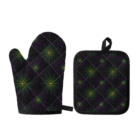 Purple And Green Spider Web Print Oven Mitt And Pot Holder Set