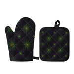 Purple And Green Spider Web Print Oven Mitt And Pot Holder Set