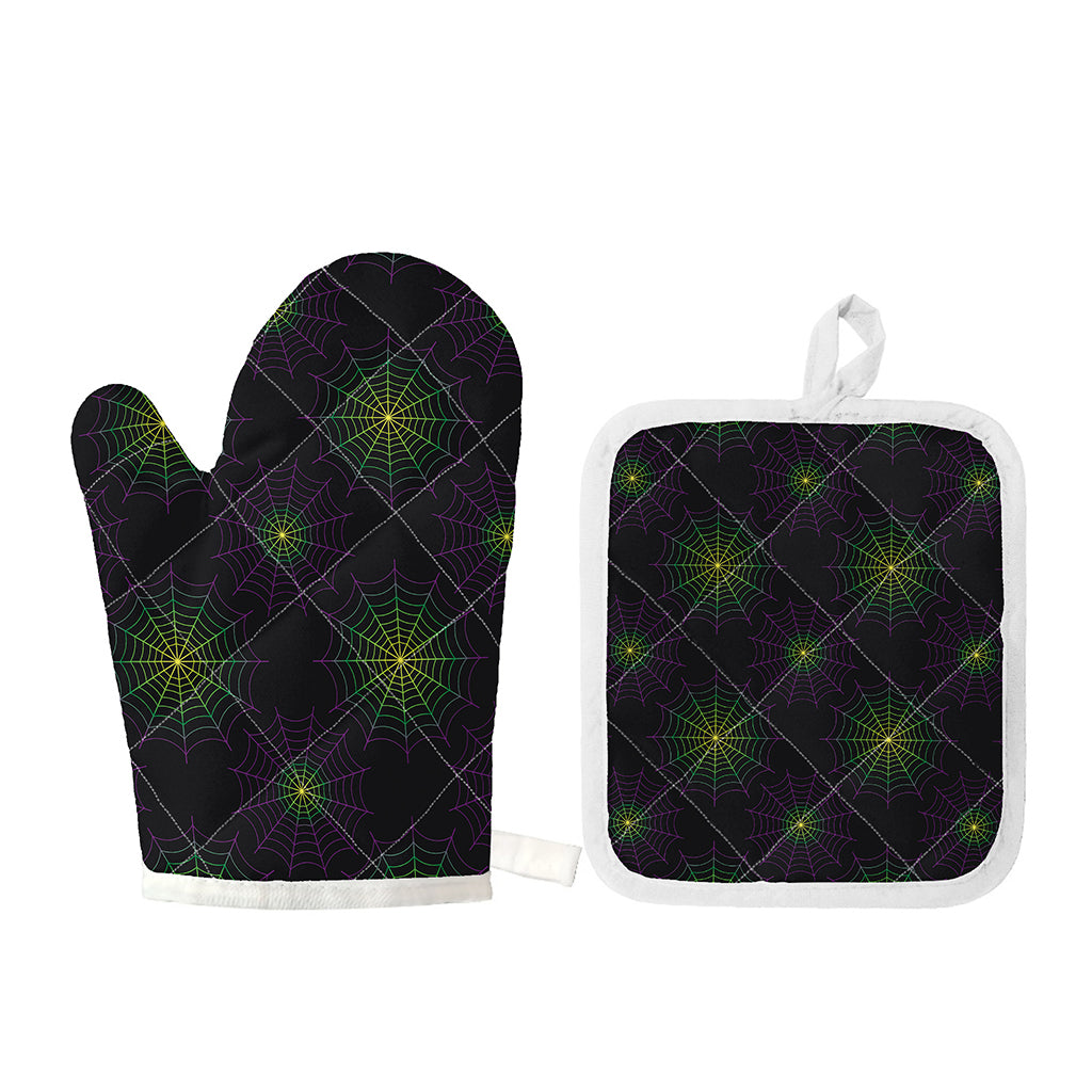 Purple And Green Spider Web Print Oven Mitt And Pot Holder Set