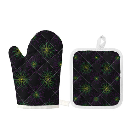 Purple And Green Spider Web Print Oven Mitt And Pot Holder Set