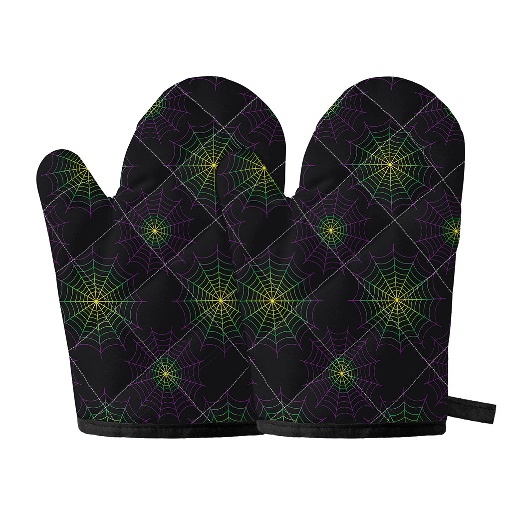 Purple And Green Spider Web Print Oven Mitts