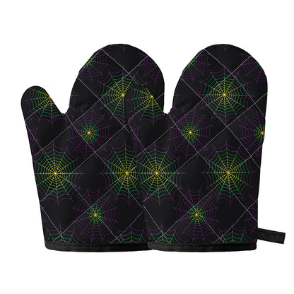 Purple And Green Spider Web Print Oven Mitts
