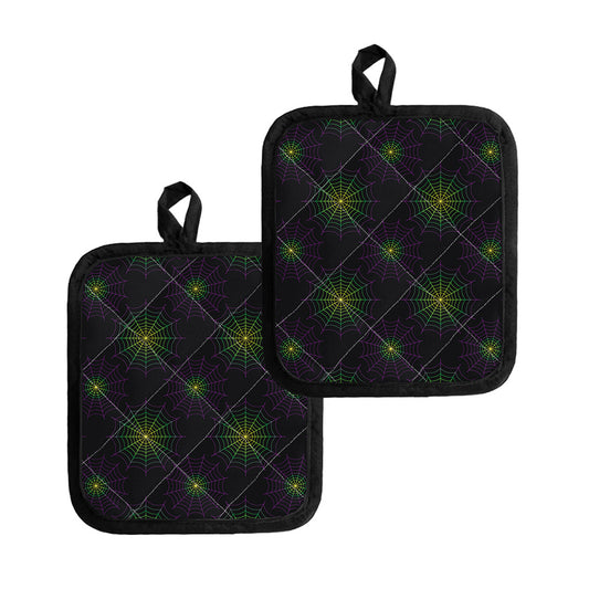 Purple And Green Spider Web Print Pot Holders