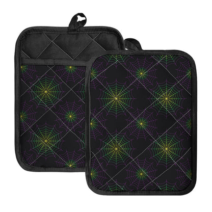Purple And Green Spider Web Print Pot Holders With Pocket