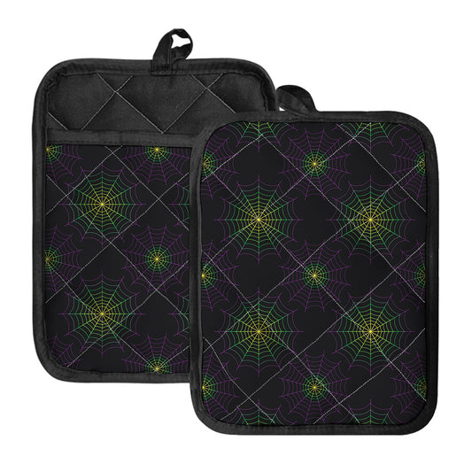 Purple And Green Spider Web Print Pot Holders With Pocket