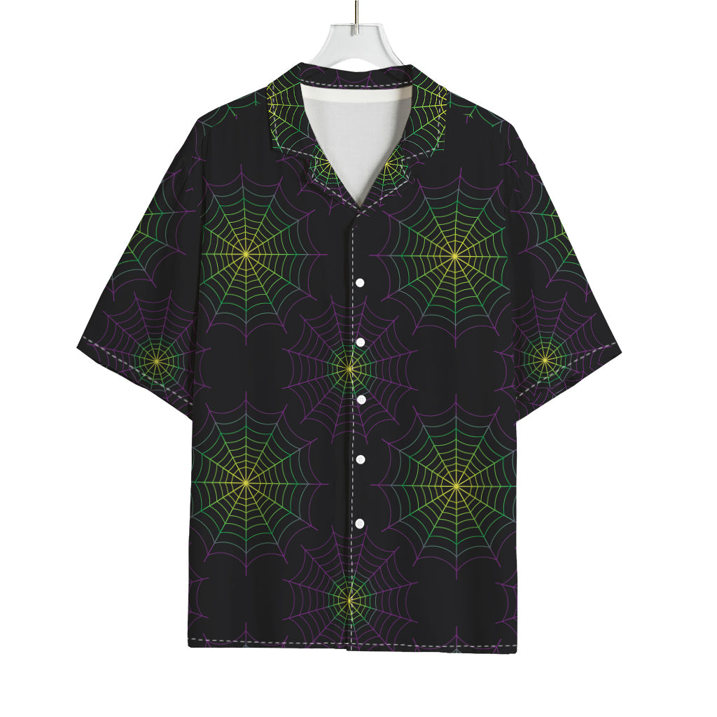 Purple And Green Spider Web Print Rayon Hawaiian Shirt