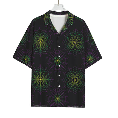 Purple And Green Spider Web Print Rayon Hawaiian Shirt