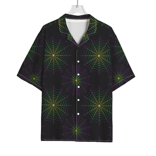 Purple And Green Spider Web Print Rayon Hawaiian Shirt