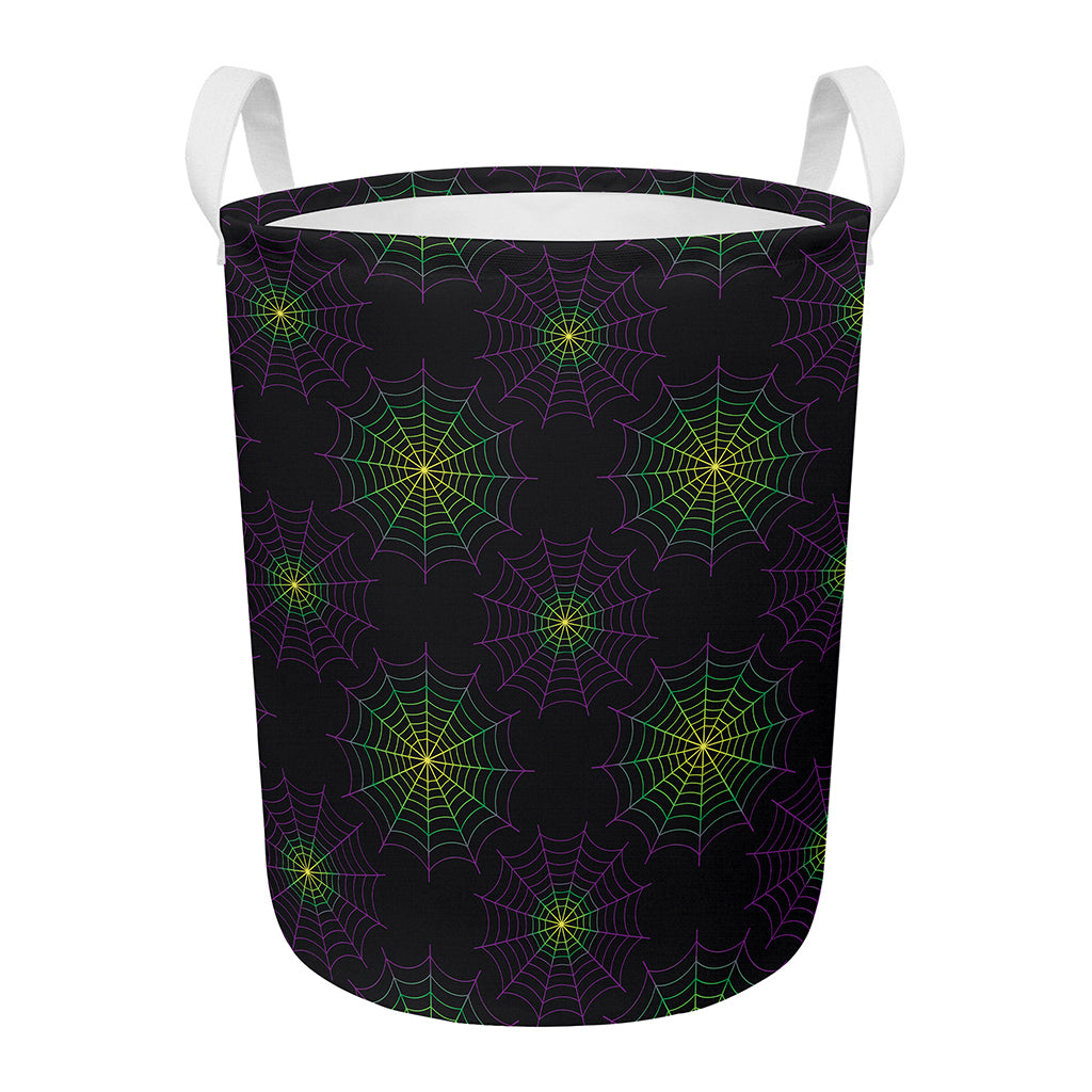 Purple And Green Spider Web Print Round Laundry Basket