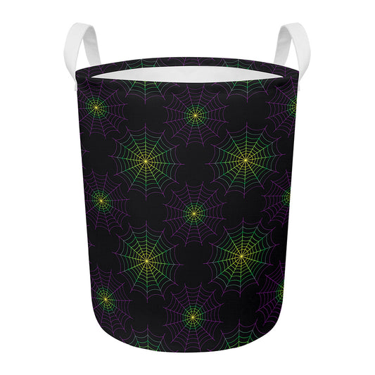 Purple And Green Spider Web Print Round Laundry Basket