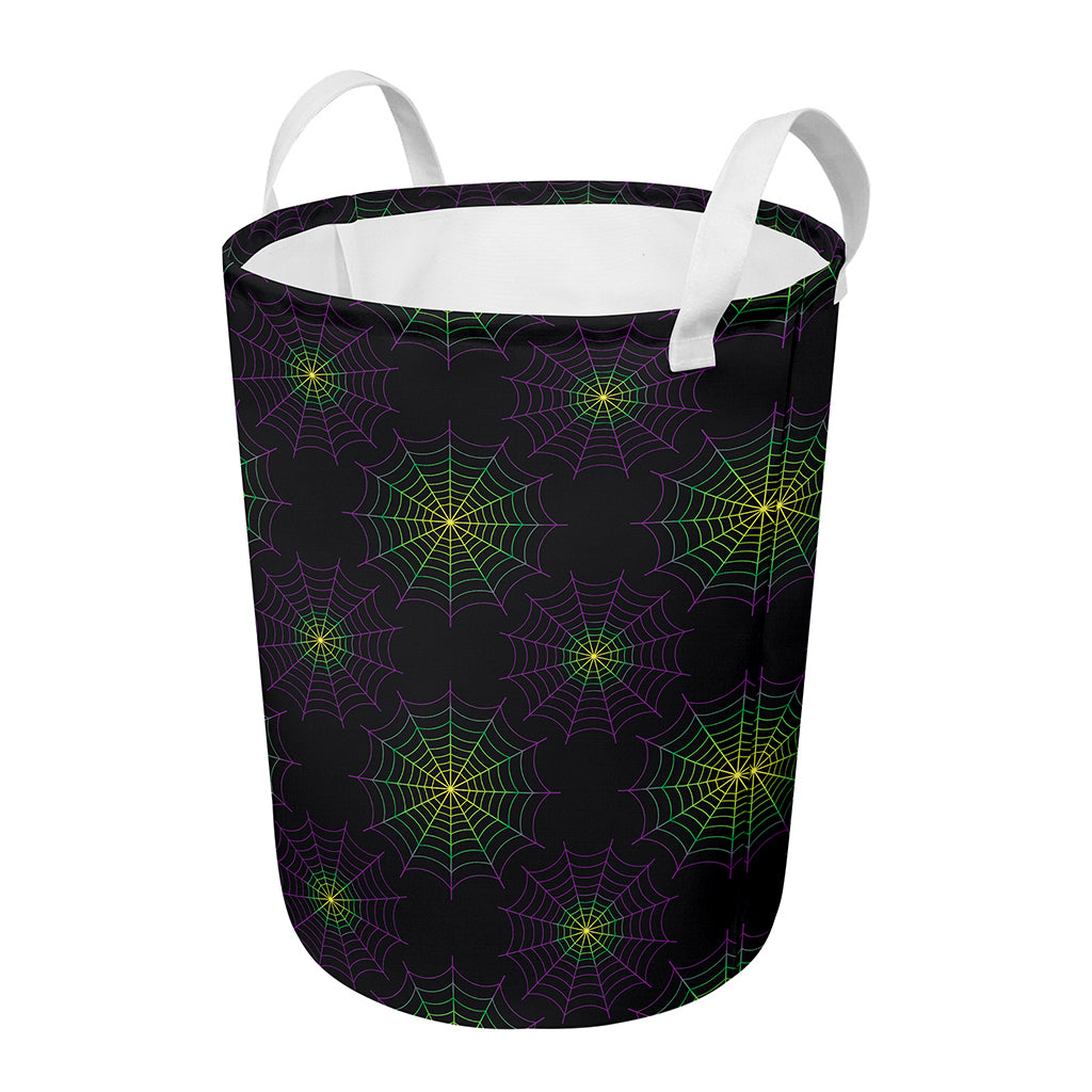 Purple And Green Spider Web Print Round Laundry Basket