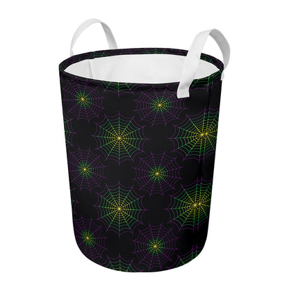 Purple And Green Spider Web Print Round Laundry Basket