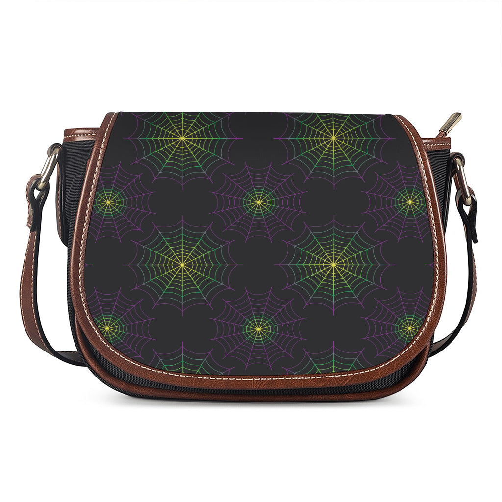 Purple And Green Spider Web Print Saddle Bag