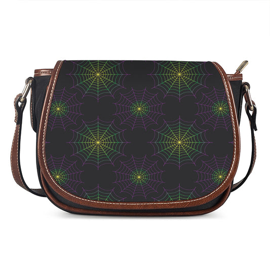 Purple And Green Spider Web Print Saddle Bag