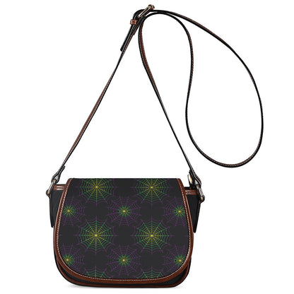 Purple And Green Spider Web Print Saddle Bag