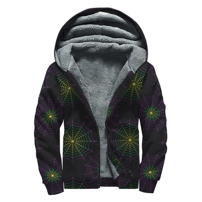 Purple And Green Spider Web Print Sherpa Lined Zip Up Hoodie
