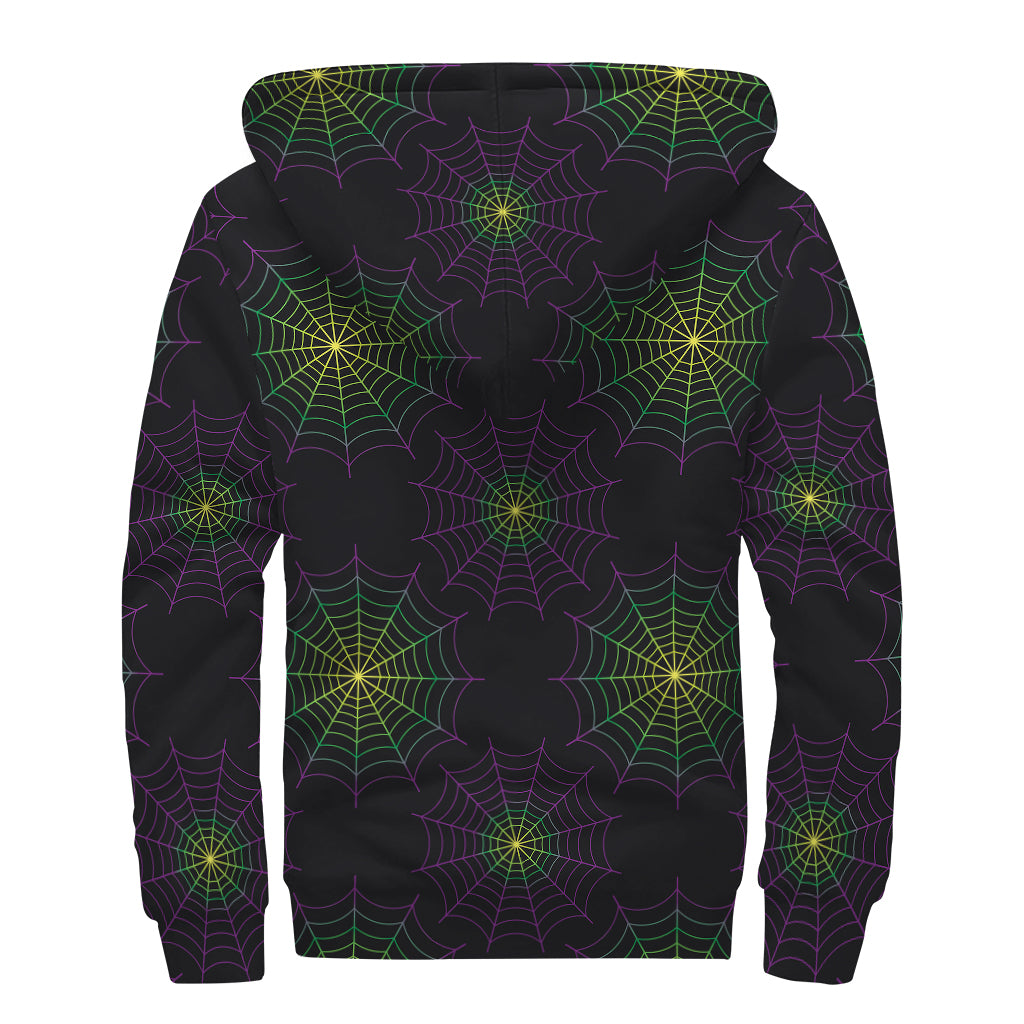 Purple And Green Spider Web Print Sherpa Lined Zip Up Hoodie