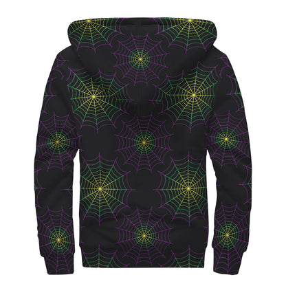 Purple And Green Spider Web Print Sherpa Lined Zip Up Hoodie