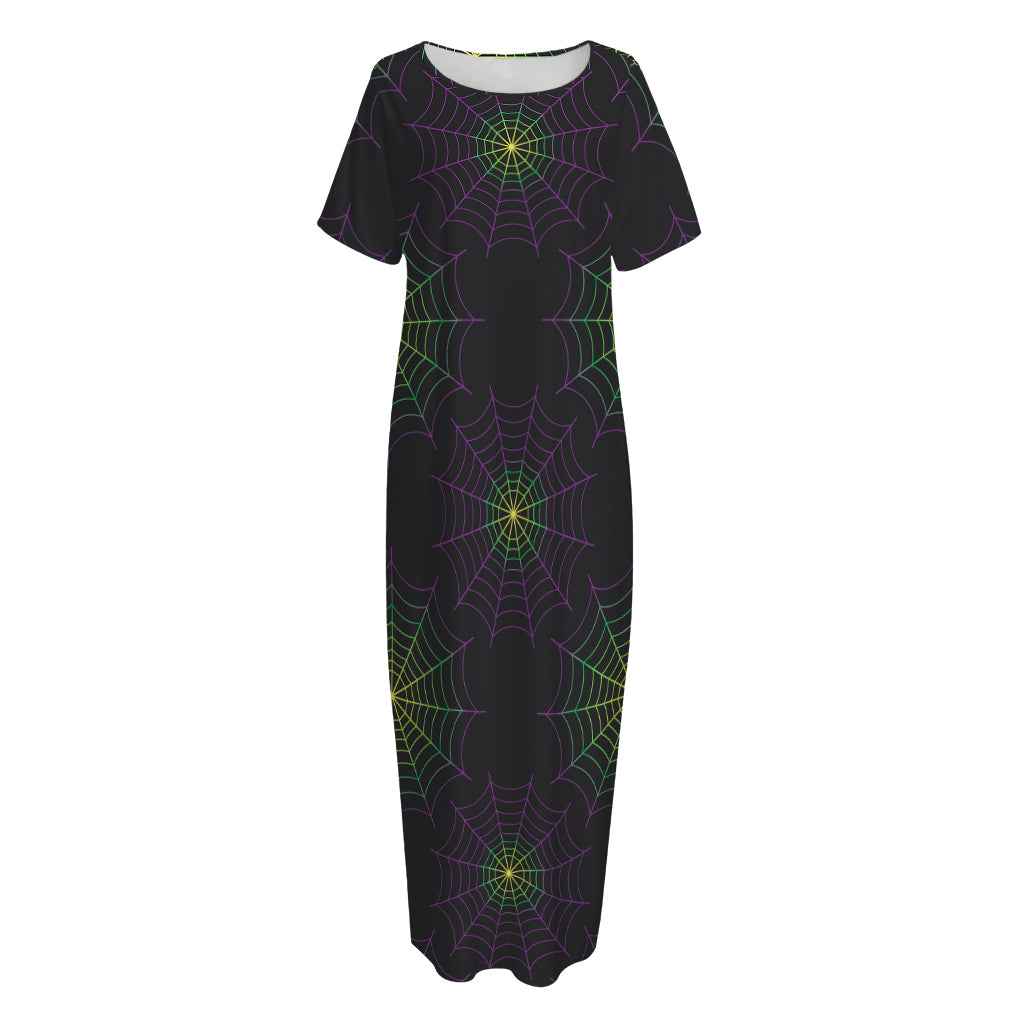 Purple And Green Spider Web Print Short Sleeve Long Nightdress