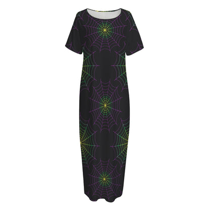 Purple And Green Spider Web Print Short Sleeve Long Nightdress