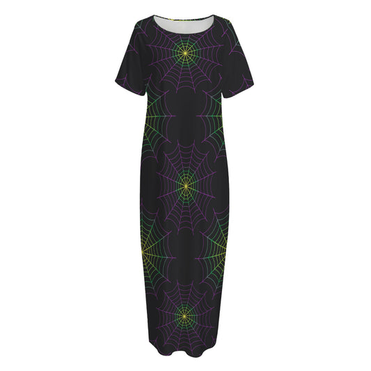 Purple And Green Spider Web Print Short Sleeve Long Nightdress
