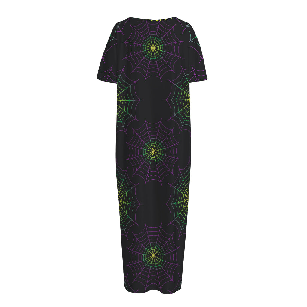 Purple And Green Spider Web Print Short Sleeve Long Nightdress