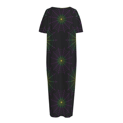 Purple And Green Spider Web Print Short Sleeve Long Nightdress