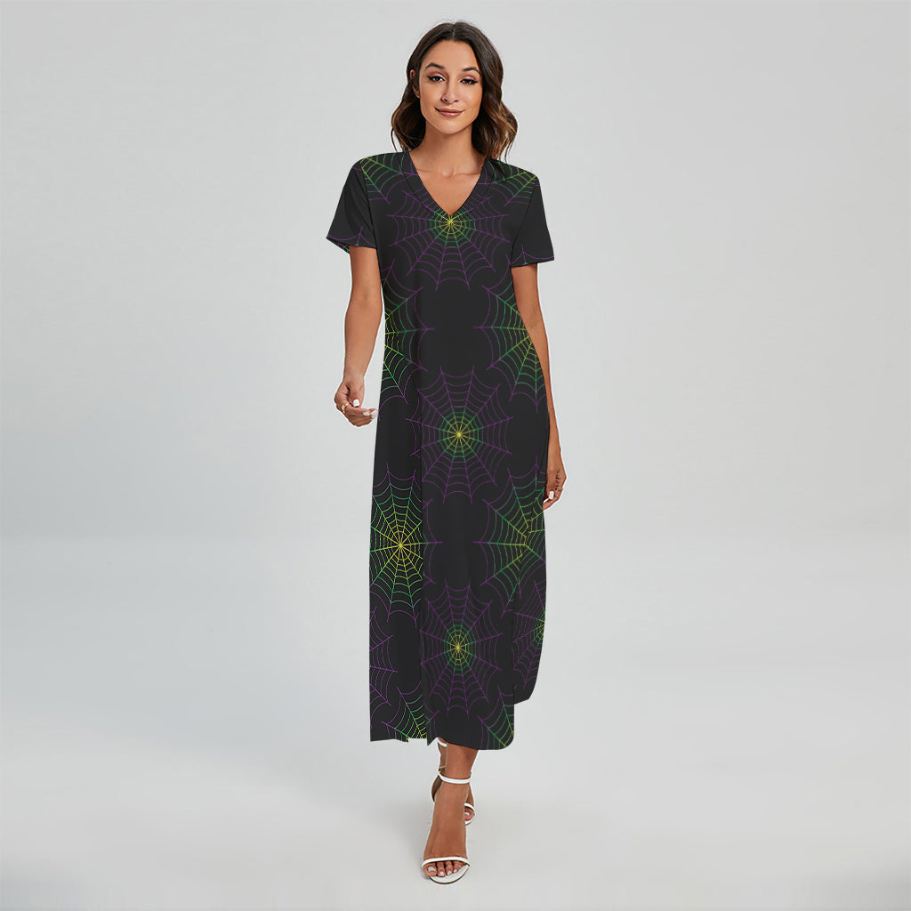 Purple And Green Spider Web Print Short Sleeve Maxi Dress