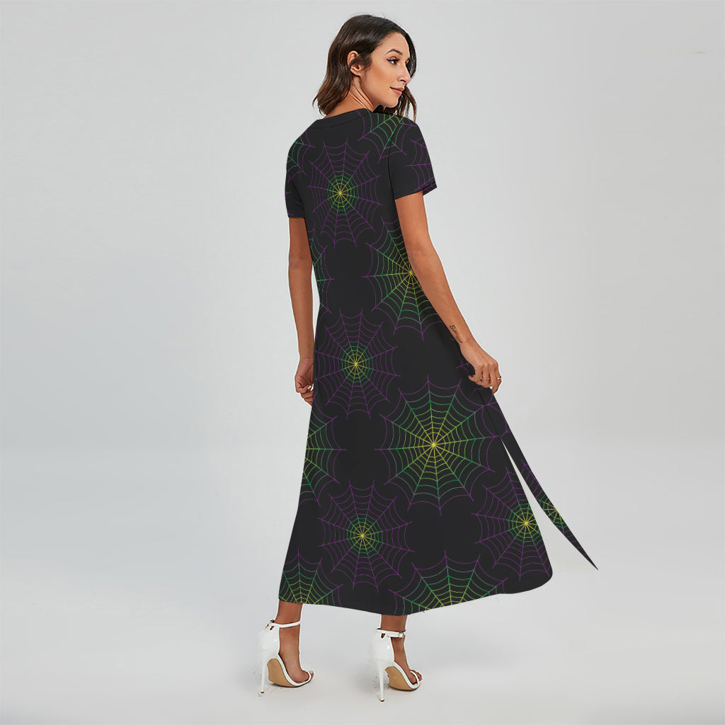 Purple And Green Spider Web Print Short Sleeve Maxi Dress