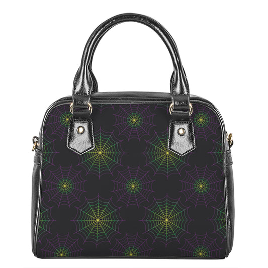 Purple And Green Spider Web Print Shoulder Handbag