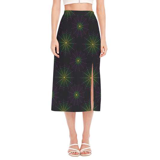 Purple And Green Spider Web Print Side Slit Midi Skirt