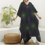Purple And Green Spider Web Print Silk V-Neck Kaftan Dress