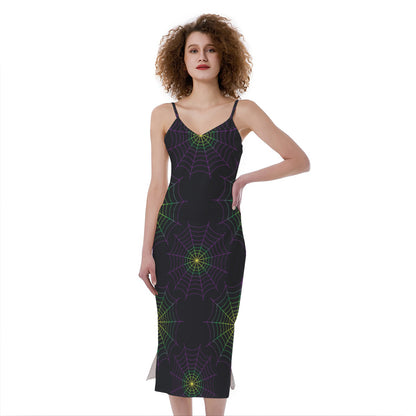 Purple And Green Spider Web Print Slim Fit Midi Cami Dress